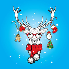 Fototapeta premium Christmas deer with cookies decorated with biscuits. Vector illustration. New Year's and Christmas. An animal in a scarf and glasses.