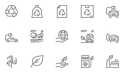 Fototapeta premium Set of Ecology Environment and Conservation Line Icons with Electric Car, Forest, Organic Farming and more. Editable Stroke. 48x48 Pixel Perfect.