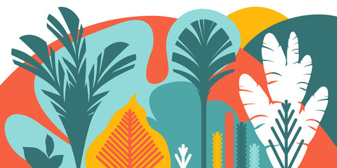 Trees are broad-leaved tropical, ferns. Flat style. Preservation of the environment, forests. Park, outdoor. Vector illustration.