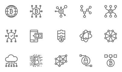 Set of Blockchain Technology Line Icons with Digital Currency, E-wallet, Electronic Purse, International Transactions and more. Editable Stroke. 48x48 Pixel Perfect.