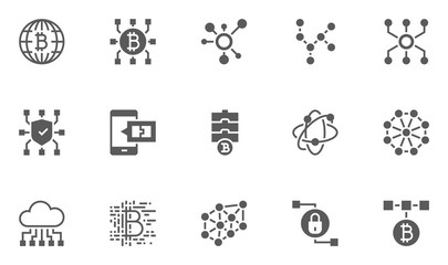 Set of Blockchain Technology Icons with Digital Currency, E-wallet, Electronic Purse, International Transactions and more.