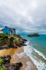 View from the esplanade of south bay at Tenby, Wales.