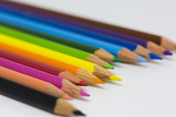 Colour Pencils layed out ona white backgrund