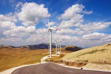 Wind power station on the background of a beautiful mountain landscape. Montenegro, Niksic, Krnovo
