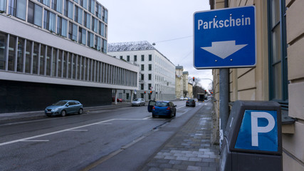 "Parkschein" (Parking ticket) sign in Munich city street