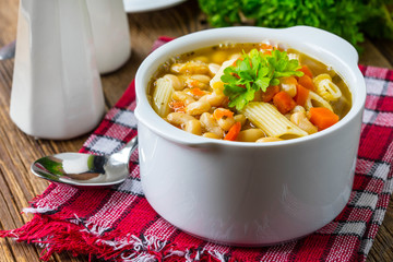 Bean soup with penne pasta.