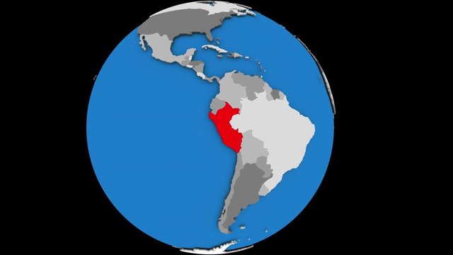 Peru highlighted in red on slowly rotating political globe. 3D animation.