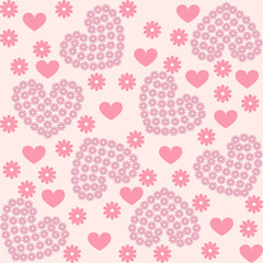 Seamless pink pattern with flowers and hearts, design for packaging in trendy linear style. Ideal for printing on fabric or paper. Vector illustration.