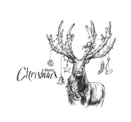 Happy Christmas - Cartoon Style Hand Sketchy drawing of reindeer