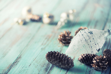 Light Nice Christmas decorated rustic background. Copy space for greeting card 2