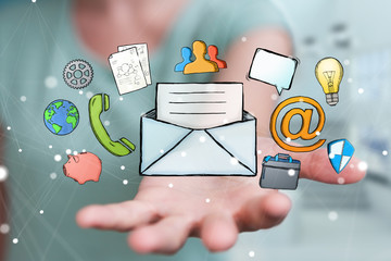 Businesswoman touching and holding manuscript contact icon