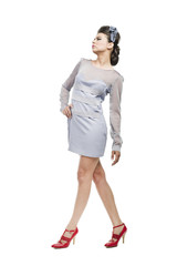 Fototapeta premium beautiful women in gray dress with red vintage shoes