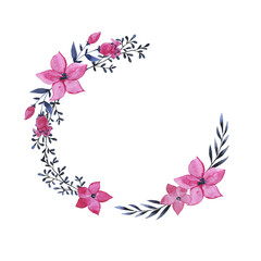 Pink flowers and indigo grey leaves wreath isolated on white background. Hand drawn watercolor illustration.