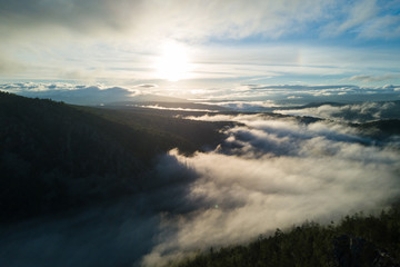 Obraz premium Sunrise in the Ural mountains in Karatash ridge. Flying by drone