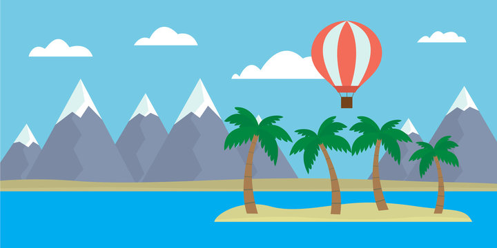 Cartoon vector illustration of tropical island with hills and palm trees and hot air balloon flying between clouds on blue sky