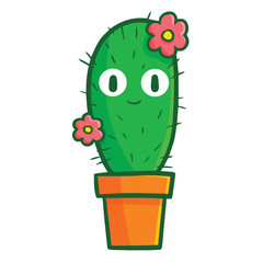 Funny and cute smiling cactus with flower smiling - vector.