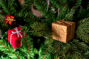 Fototapeta na wymiar Christmas tree decoration red present boxes