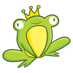 Funny and cute green frog wearing golden crown - vector.