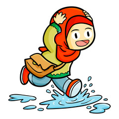 Funny and cute girl wearing hijab running in the rain - vector.