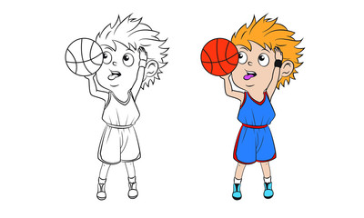 cartoon boy playing basketball. Both in separate layers for easy editing and coloring