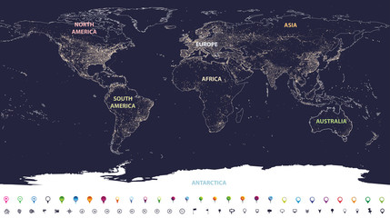 world city lights map with labeled continents in different colors - obrazy, fototapety, plakaty