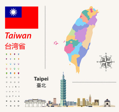 Taiwan vector map and flag. Abstract city skyline of Taipei