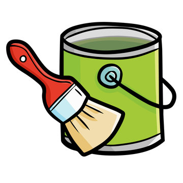 Funny and cute paint brush and green wall paint can - vector.