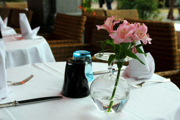 View of a table in a cafe, served, waiting for customers..