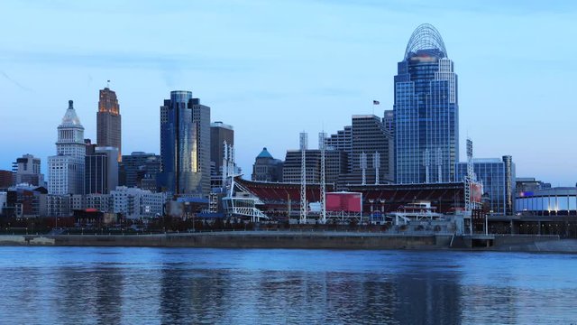 Cincinnati skyline timelapse from night to day with Ohio River 4K