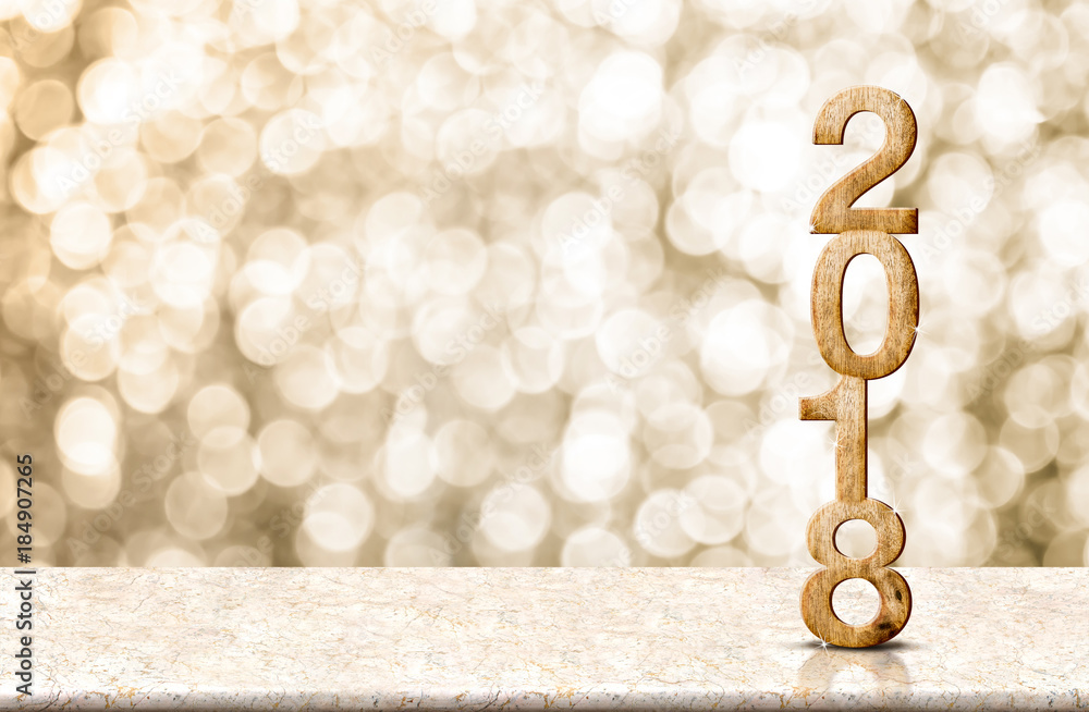 Poster happy new year 2018 wood number (3d rendering)on marble table with sparkling gold bokeh wall,panoram