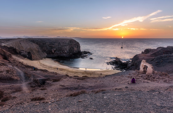 Sunset in Papagayos. Lanzarote. Canary islands.Romantic image.Beautiful beach.