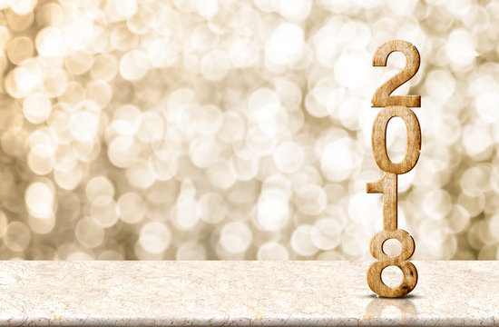 Happy new year 2018 wood number (3d rendering)on marble table with sparkling gold bokeh wall,panoramic banner for display or montage of product for holiday promotion and advertise for online content.