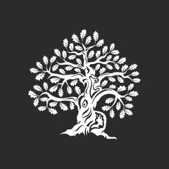 Huge and sacred oak tree silhouette logo badge isolated on dark background.