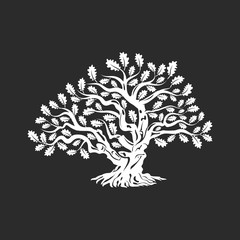 Huge and sacred oak tree silhouette logo badge isolated on dark background
