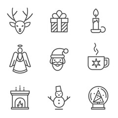 Christmas linear icons on white background. Set of winter pictograms