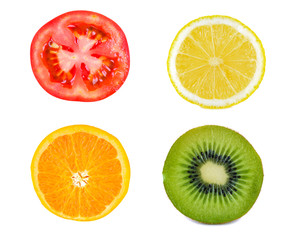 A Kiwifruit Slice and Lemon Slice and Orange slice and tomato Slice  isolated on white