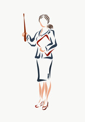 A woman in a business suit with a pointer and a folder