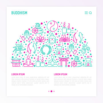 Buddhism concept in half circle with thin line icons: yoga, meditation, Buddha, Yin-Yang, candles, Aum letter, aromatherapy, pagoda, temple. Modern vector illustration for web page template.