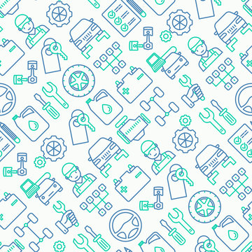 Car service seamless pattern with thin line icons of mechanic, computer diagnostics, tools, wheel, battery, transmission, jack. Modern vector illustration.