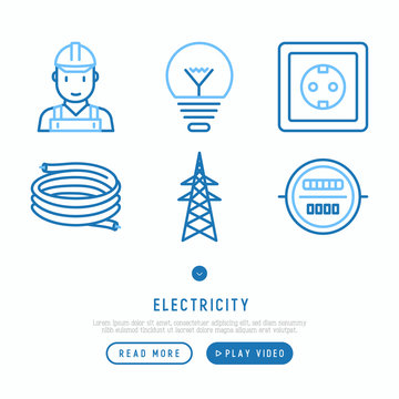 Electricity thin line icons set: electrician, bulb, pylon, power socket, cable, meter. Vector illustration.