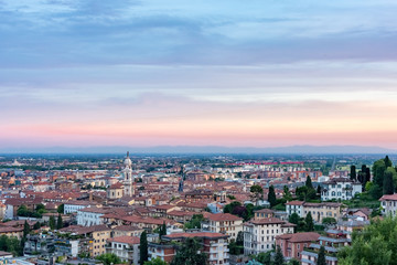 Fototapeta na wymiar A romantic panoramic view to the city of Bergamo when the sun goes down