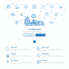Technologies conceptwith thin line icons of: electric car, rocket, robotics, solar battery, machine intelligence, web development. Vector illustration, template for web page.