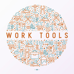 Work tools concept in circle with thin line icons: puncher, drill, wrench, plane, toolbox, wheelbarrow, saw, pliers, sawing machine. Modern vector illustration of building equipment for web page.