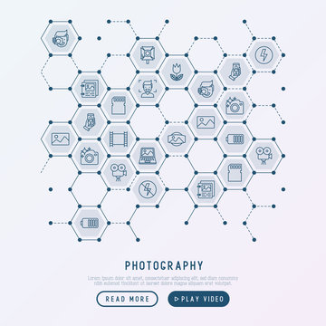 Photography concept in honeycombs with thin line icons of photographer, film, crop, flash, focus, light, panorama. Vector illustration for banner, web page, print media.