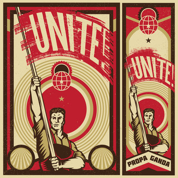 Poster Revolution. Propaganda Background Style. Revolution raising The Flag.