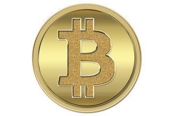 Bitcoin dorado sobre fondo blanco.