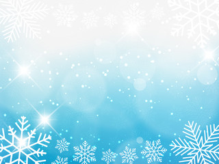 Fototapeta na wymiar Illustration of Christmas background with blue and white snowflakes and bokeh