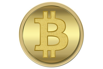 Bitcoin dorado sobre fondo blanco.