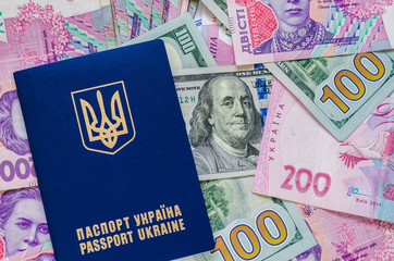 International Ukrainian passport with Hryvna banknotes on US dollars background.
