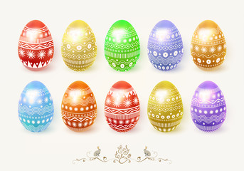 Happy Easter. A set of colorful Easter eggs with a delicate ornament. Isolated 3D objects, bunny, lettering. Vector illustration